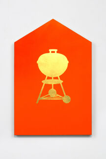 Gold outdoor grill painted onto a red pentagon. 