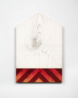 A painting on a pentagon of a grid fading into a horizon, with a vibrant chevron pattern at the bottom.