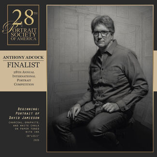 Flyer with David Jamieson's portrait on the right. Text reads: "28TH PORTRAIT SOCIETY OF AMERICA; ANTHONY ADCOCK; FINALIST; 28TH ANNUAL INTERNATIONAL PORTRAIT COMPETITION; BEGINNING: PORTRAIT OF DAVID JAMIESON