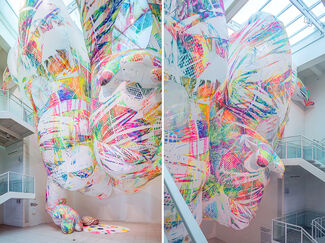 Two side-by-side images of white inflatable sculptures printed with bright colors and geometric shapes.