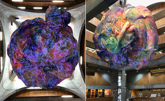 Two side-by-side images of large inflatable sculptures painted in bright colors.