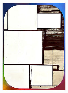 Painting of white squares on a colorful background. 