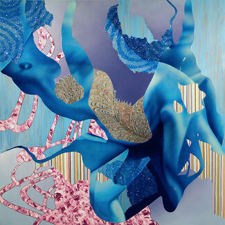 Abstract painting of pink, blue, yellow, and green organic shapes, by David Lozano. 