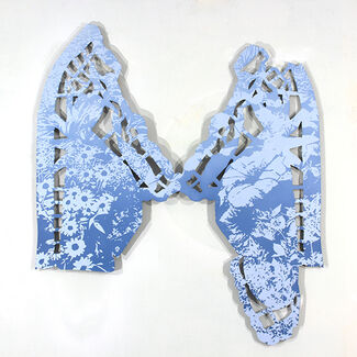 Bluescale floral painting on an asymmetrical piece of mounted metal, by David Lozano. 