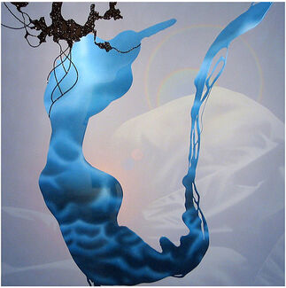 Blue, black, gray, and slightly orange abstract painting by David Lozano. 