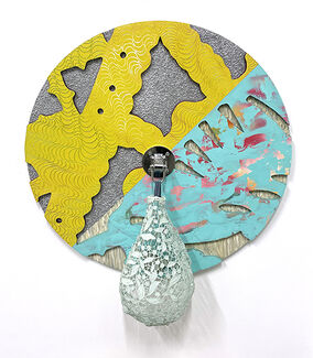 A lace speed bag mounted to an abstractly painted circle on the wall. 