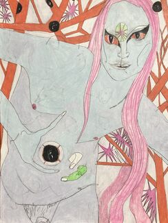 Drawing a of a blue nude subject with pink hair and fingers protruding from their abdomen. 