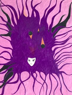 An abstract purple creature drawn against a pink background. 