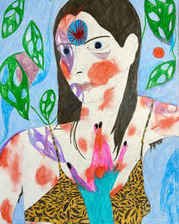 Color, abstract portait of a figure with a fair skin tone and long dark hair. 