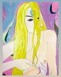 Portrait of a nude blonde figure with a fair skintone. 