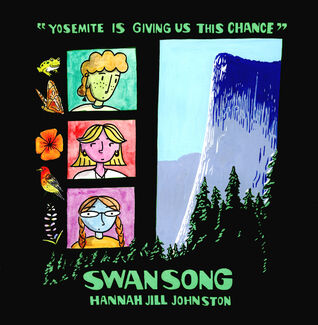 Graphic of three illustrated characters and Yosemite. 