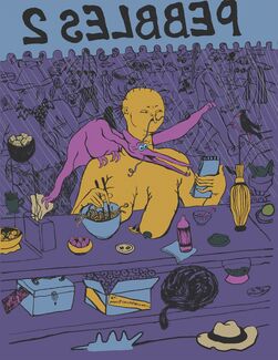 Purple, gold, and blue illustration of a figure reading from a notepad and eating noodles. 