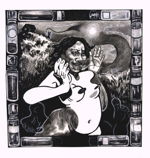 Surreal black and white drawing of a person calling out in front of a landscape. 