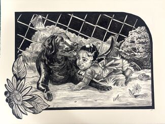 Surreal black and white drawing of a child and a dog. 