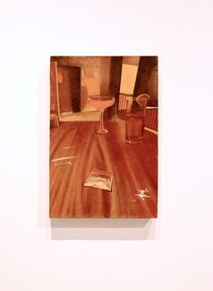 Painting of two drinks and drugs on a table top. 