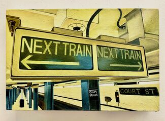 Painting of "Next Train" signs on a train platform. 
