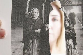 Modern portrait of a person with a fair skintone overlayed on a vintage image of a family with fair skin tones. 