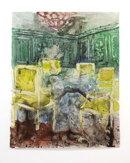 A painting of varying green, yellow, brown, and blue hues depicting a dining setting. 