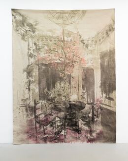 A painting of a dining setting with a floral chandelier. 