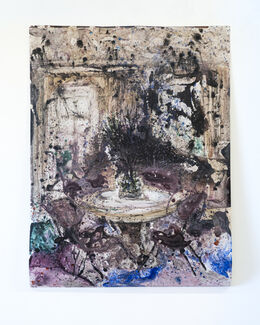 Abstracted painting of a table setting and rug. 