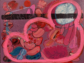 Pink, red, and slightly blue abstract painting. 