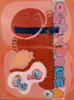 Orange, red, pink, and slightly blue abstract painting with 3D elements. 
