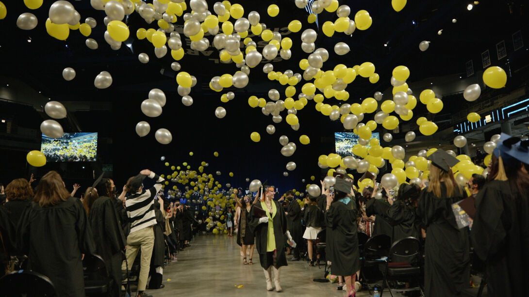 A balloon drop at Commencement