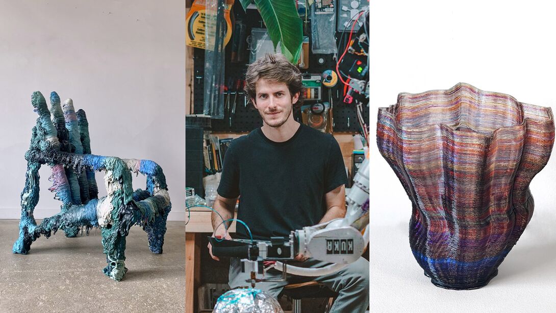 Cody Norman surrounded by a gallery of his work including a chair and vessel
