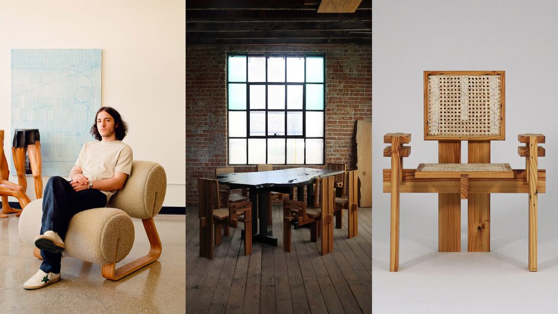 Noam Nayberg surrounded by a gallery of hard wood furniture creations