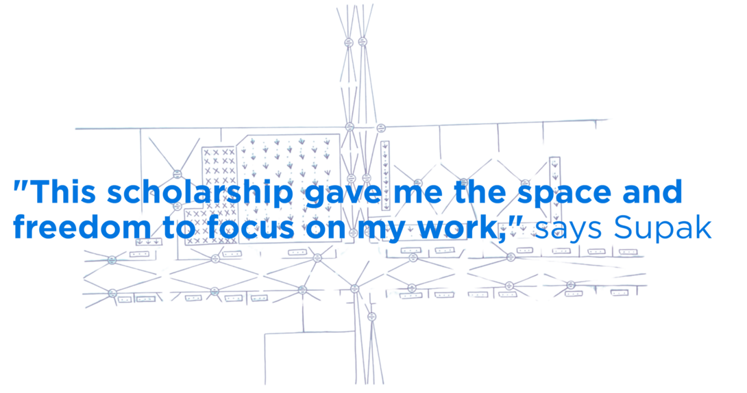 Cassandra Supak's quote over a blue background with a schematic of Water Veins: 'This scholarship gave me the space and freedom to focus on my work.