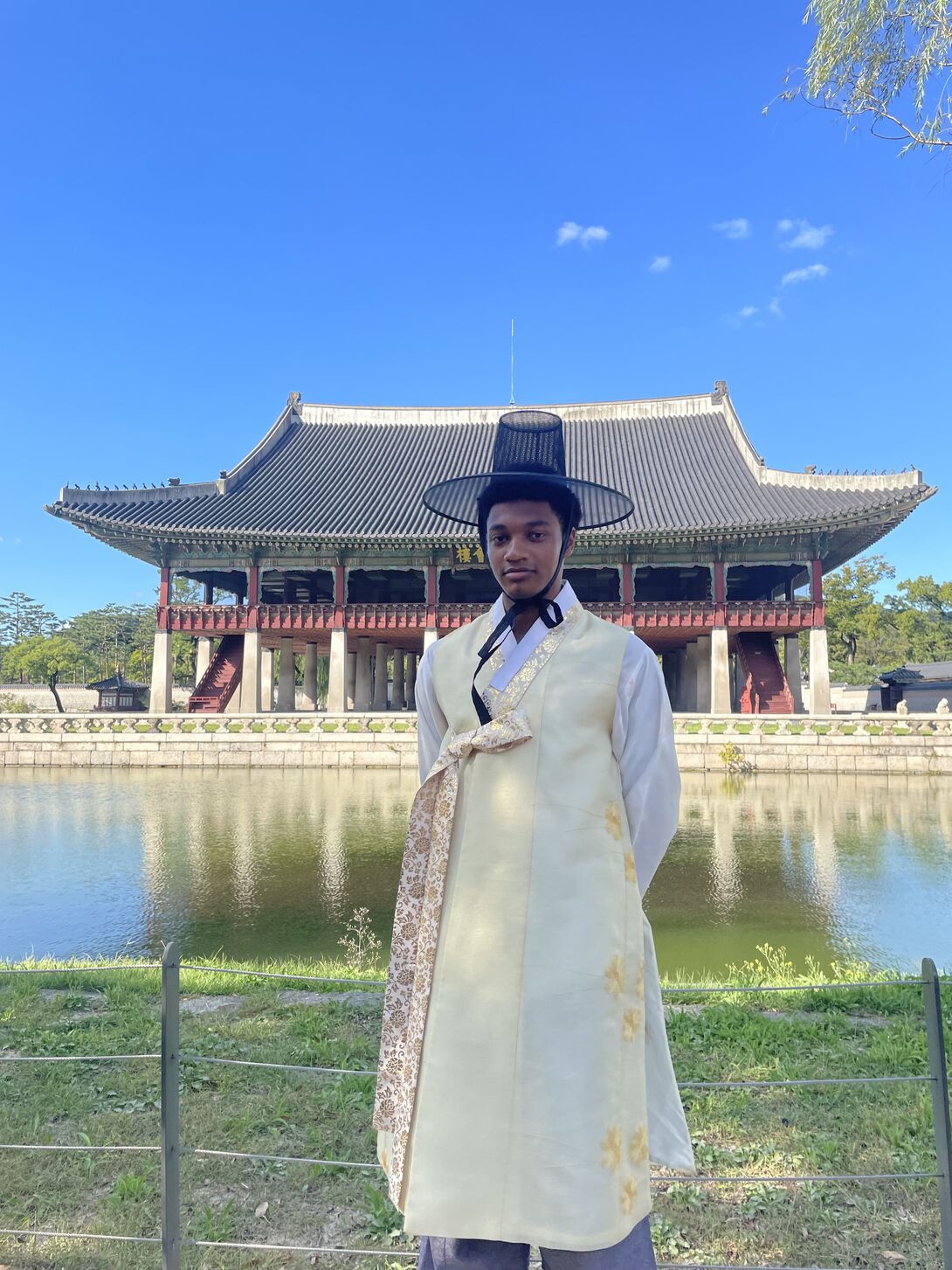 Martin wears a traditional hanbok outside of the Gyeongbokgung Palace.