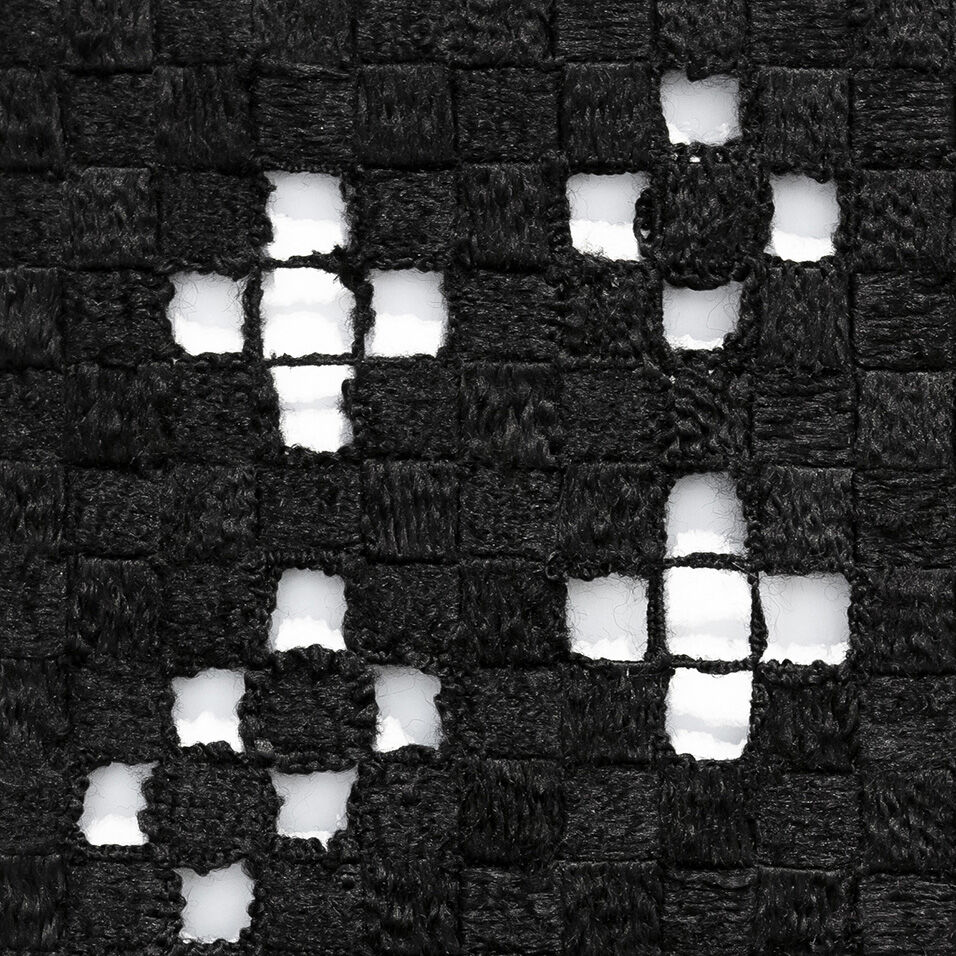 Detail of black synthetic hair crocheted in an all black checkerboard with some empty squares creating cross shapes.