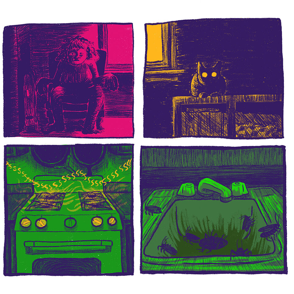 Four panel comic: panel 1 shows an anxious human figure sitting in an armchair; panel 2: yellow-eyed cat stares from a kitchen counter; panel 3: sizzling stove top; panel 4: a sink with cockroaches.