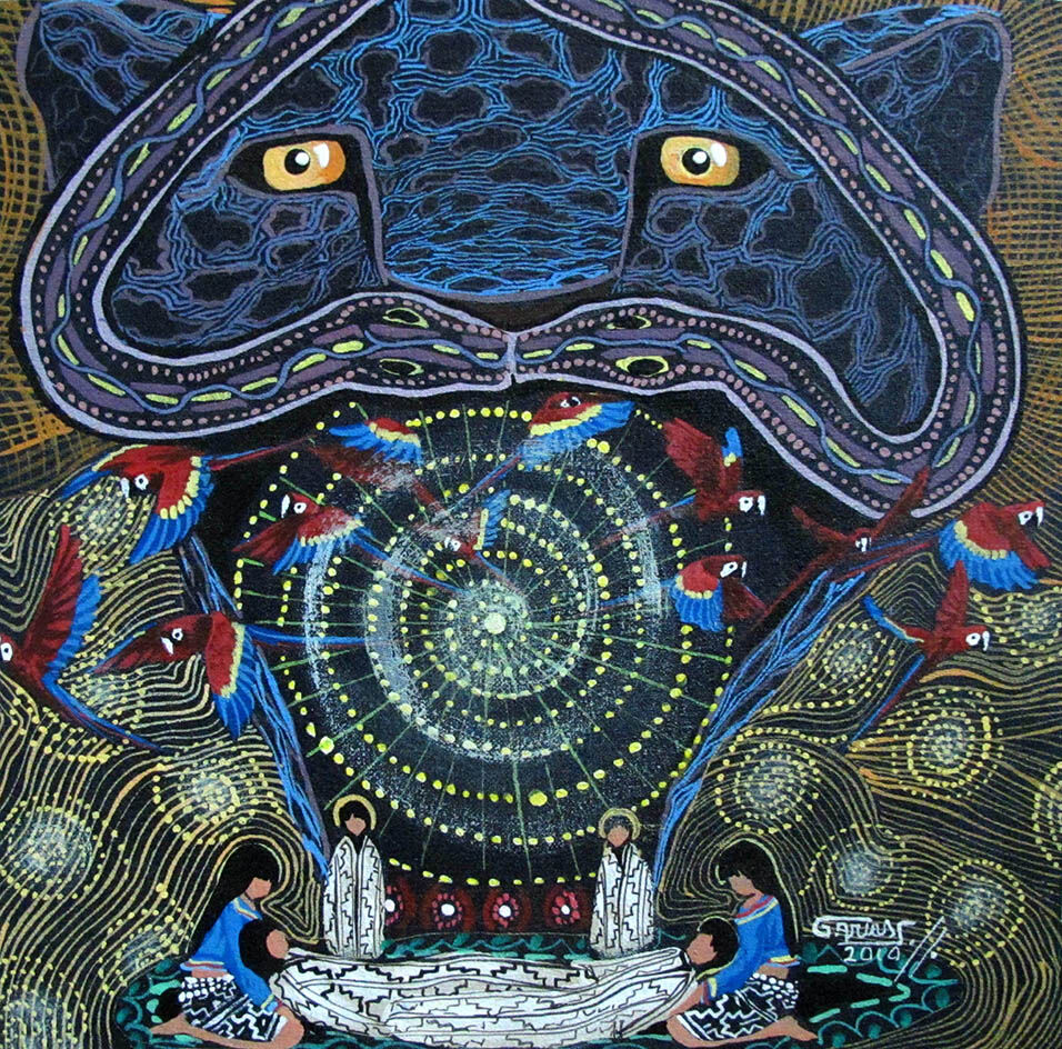 Detail of painting includes a large blue leopard head with yellow eyes and two snakes kissing over its face. In the center is a spiral of dots that evokes a tunnel with four human figures solemnly watching over two prone figures dressed in white.