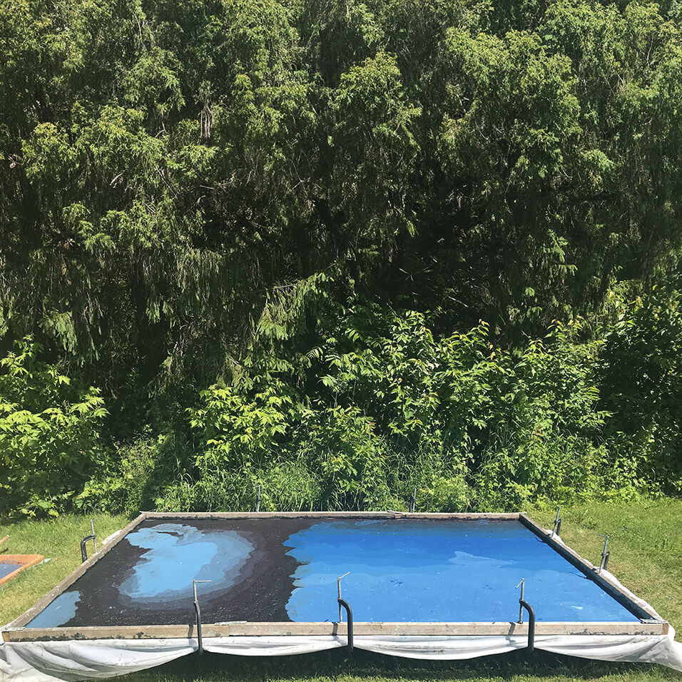 In front of lush greenery, a large, shallow rectangle holds blue and black paper pulp. 