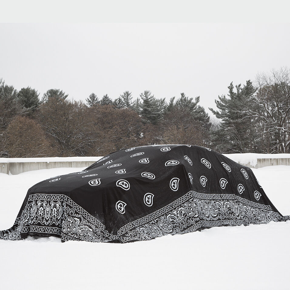 A car sitting on snow is completely covered by white on black fabric in a bandana print. There are trees in the background.