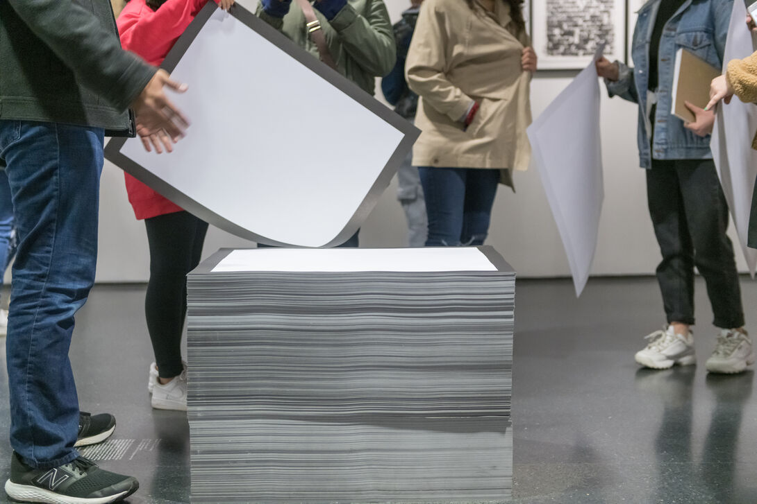 MCA Chicago visitors interacting with Felix Gonzalez-Torres’s “Untitled” (The End), 1990. Photo: Nathan Keay, © MCA Chicago.