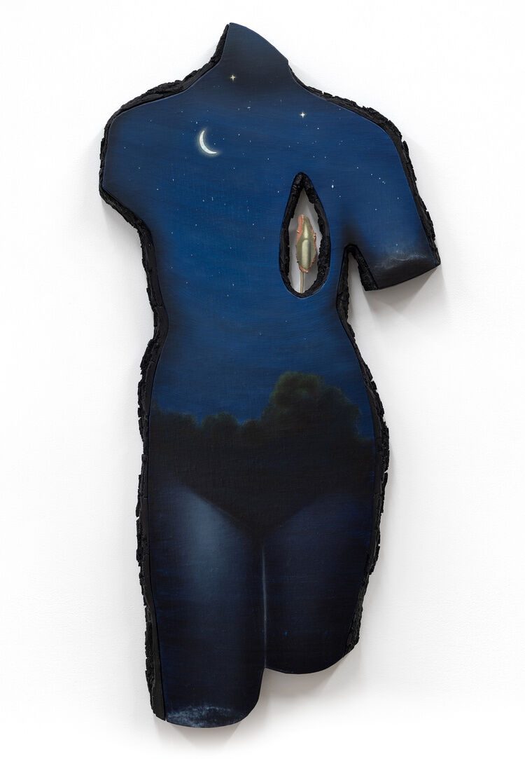 A canvas shaped like a torso with a painting of the night sky