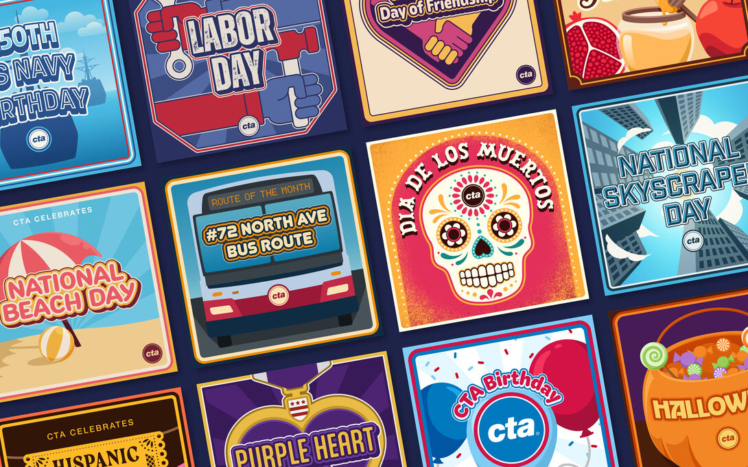 A grid of CTA internal graphics celebrating holidays, observances, and route highlights, designed in bright illustrated styles.