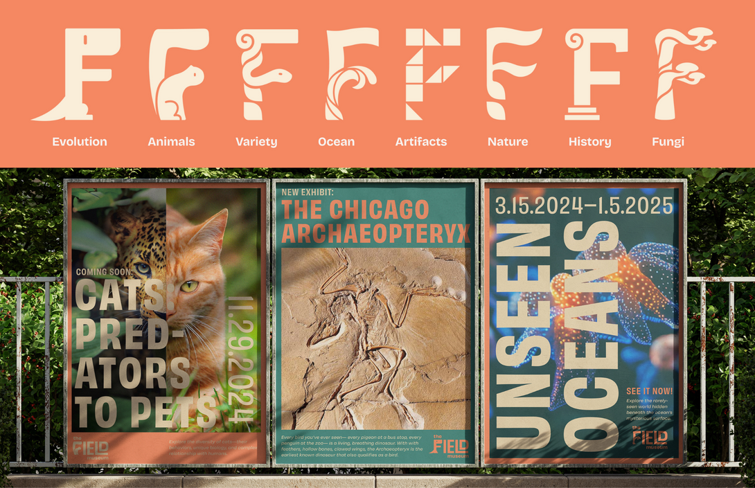 Field Museum rebrand concept. It begins with an orange background featuring a stylized letter F shaped like a dinosaur leg labeled Evolution, then transitions to three outdoor posters for exhibits on big cats, the Chicago Archaeopteryx fossil, and deep-sea creatures in Unseen Oceans.