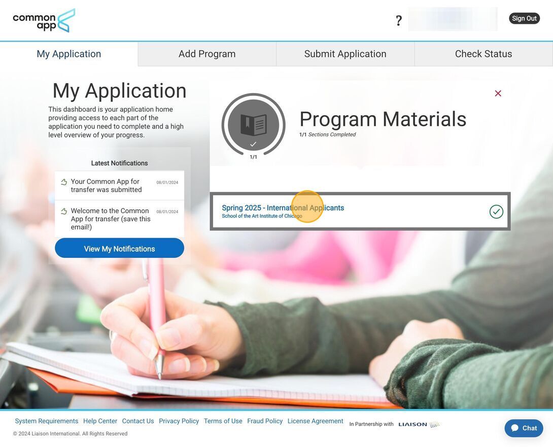 Where to click on your SAIC application in Common App