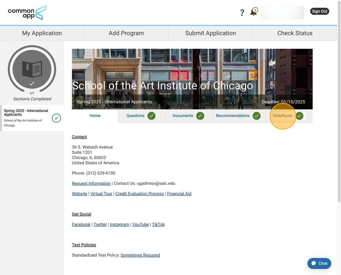 Where to click "SlideRoom" in Common App.