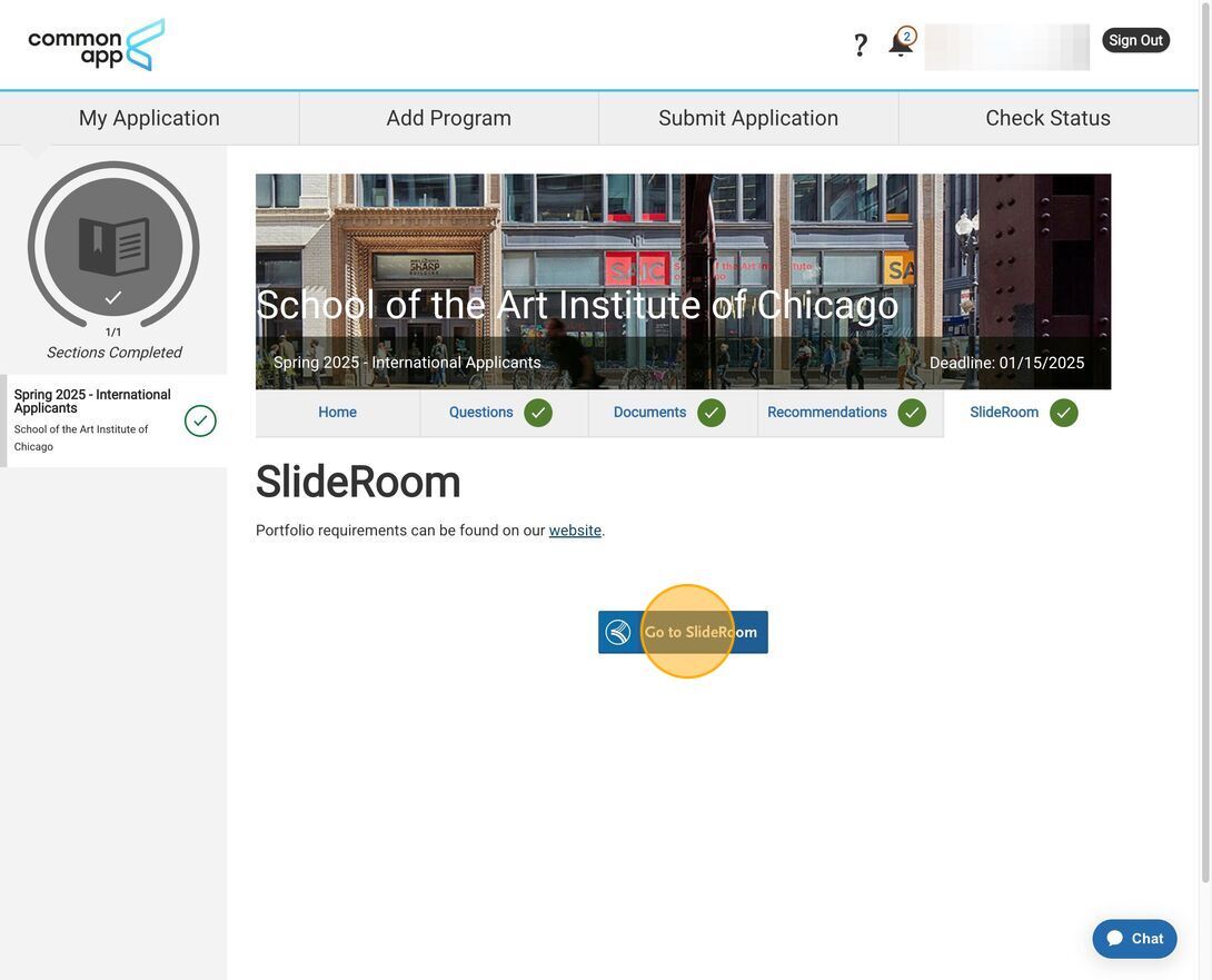 Where to click the blue "Go to SlideRoom" button on Common App.