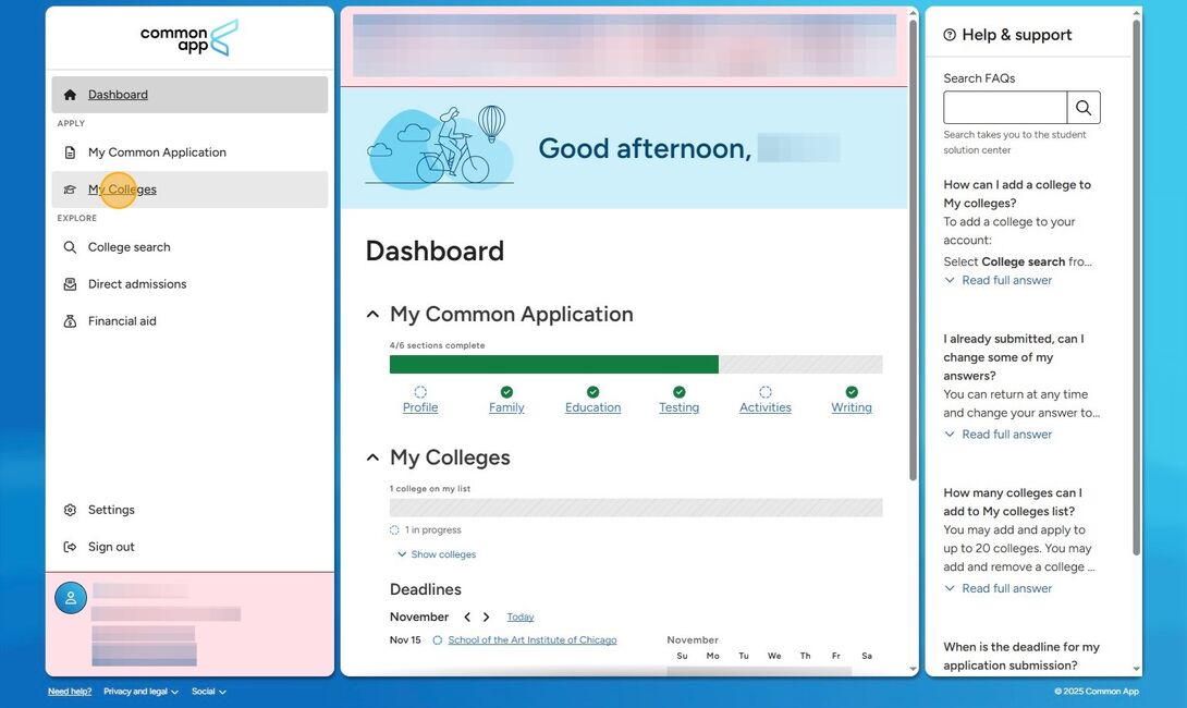 A screenshot of Common App with a menu on the left that says "My Colleges."