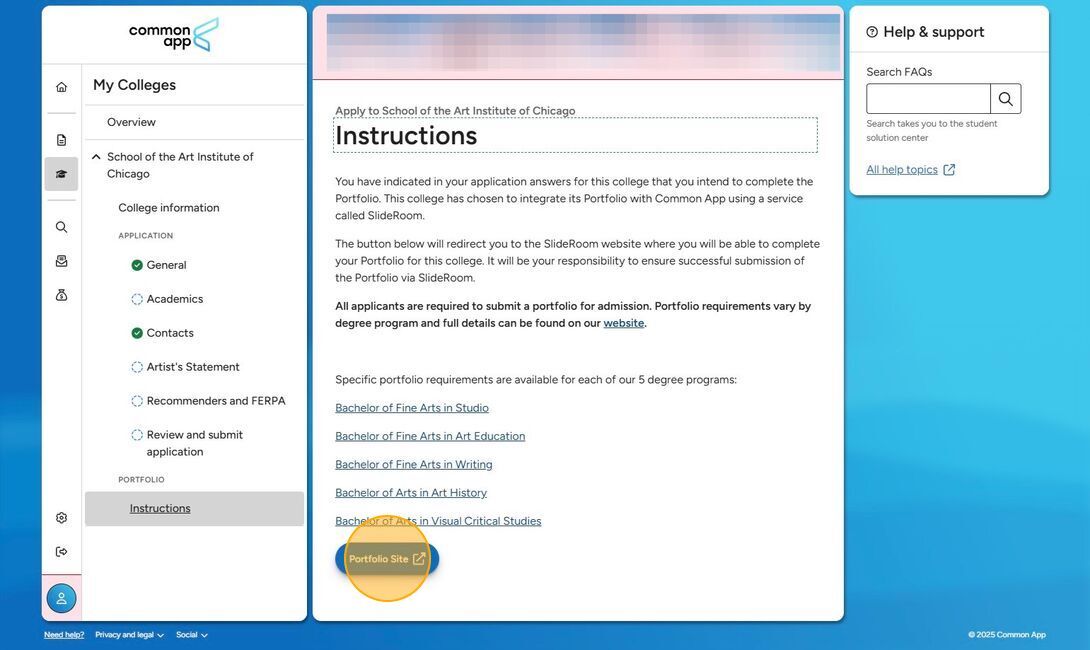 Where to click the blue "Portfolio Site" button at the bottom of the Instructions page of the Common Application.