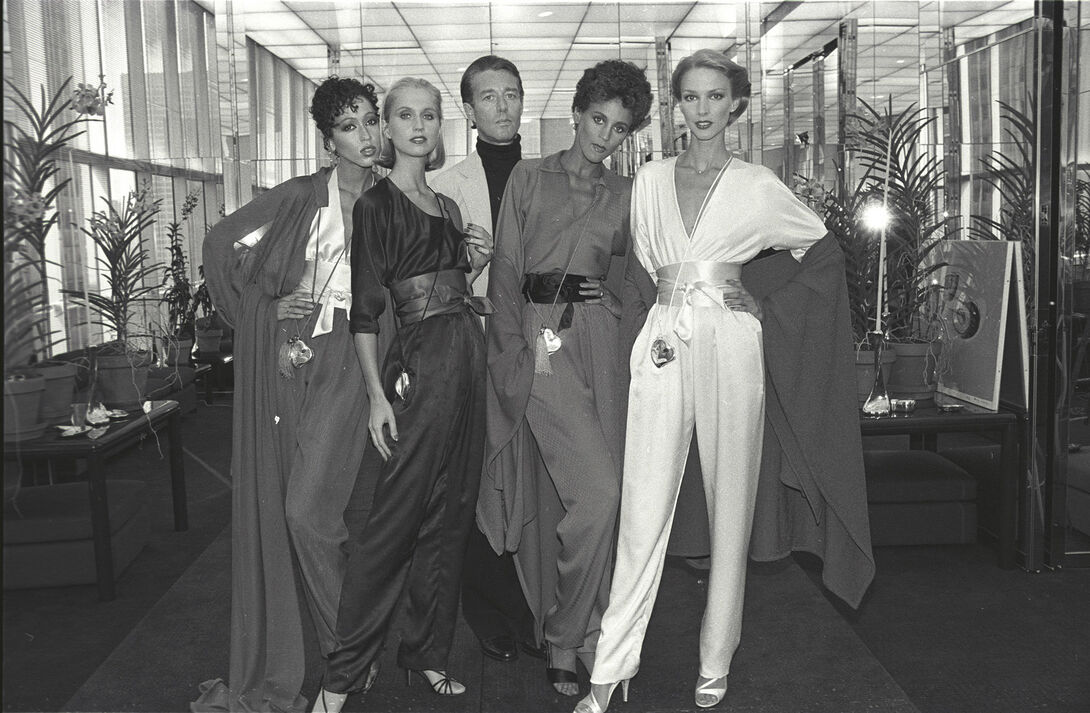 From left, Pat Cleveland, Chris Royer, Halston, Alva Chinn and Karen Bjornson in 1980.