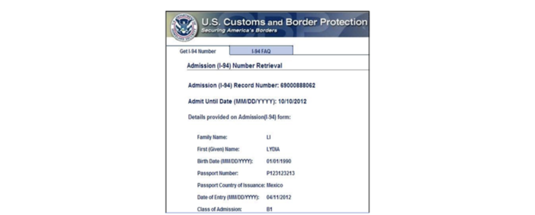 A screenshot of Form I-94 from US Customs & Border Protection