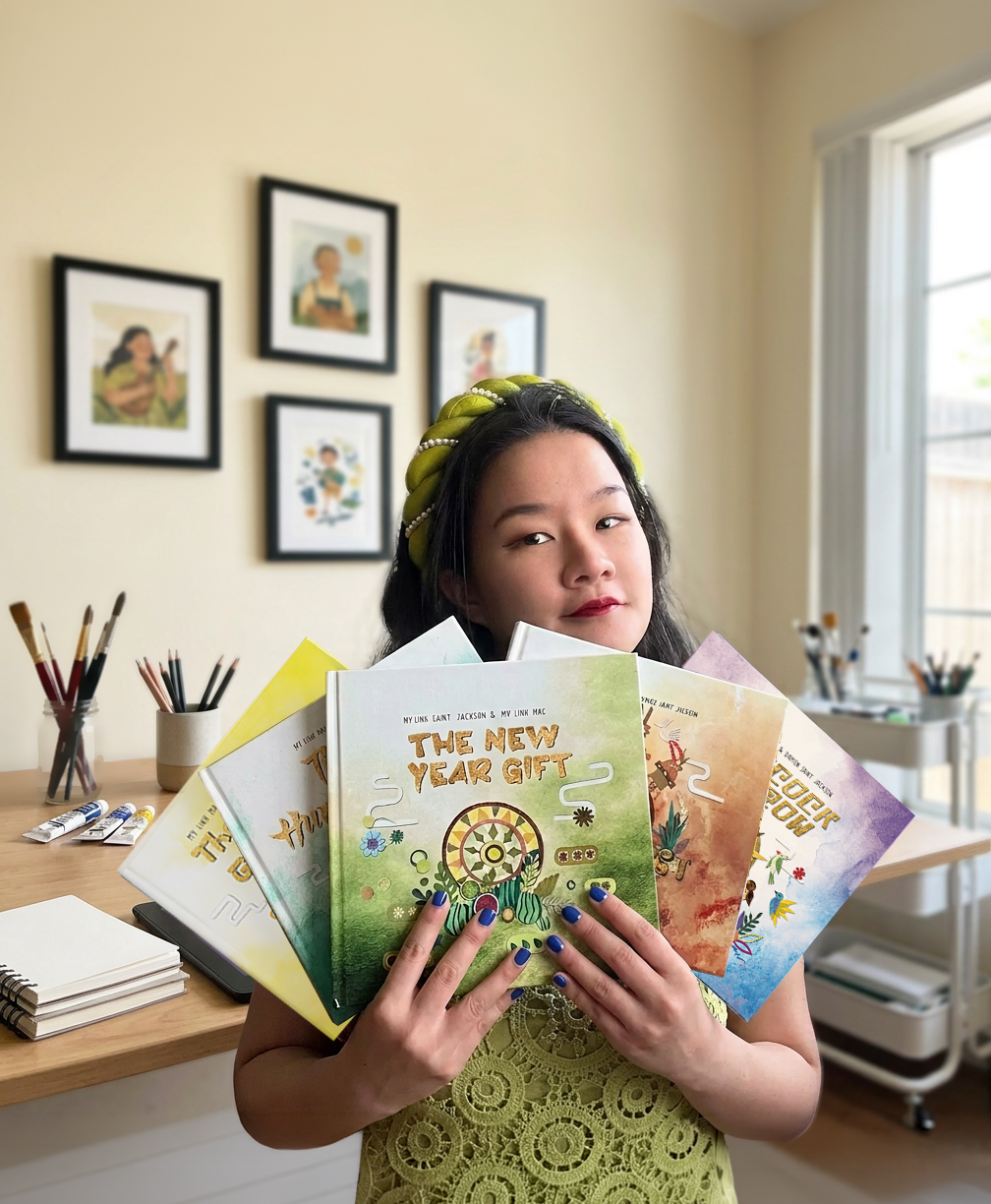 My Linh holding her books