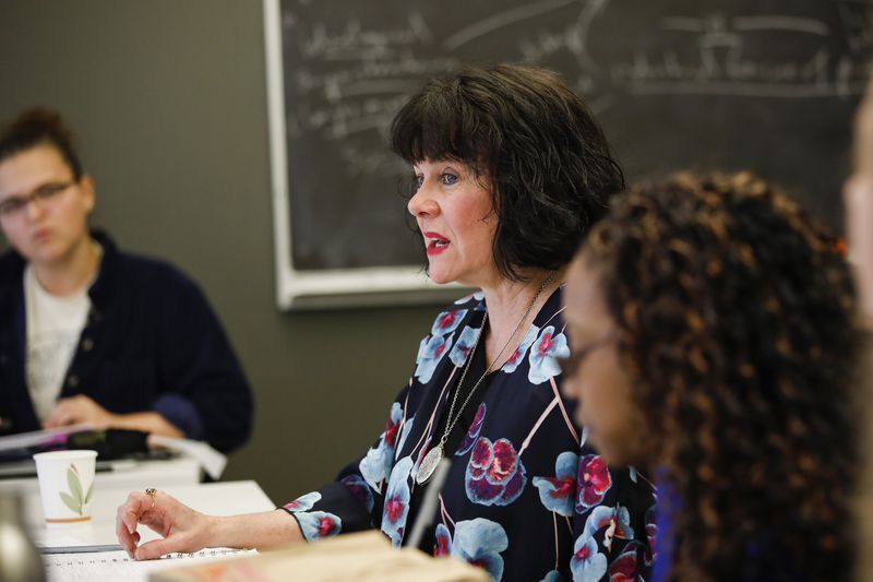 Eileen Favorite speaks to students in her class called "Love The Art, Hate the Artist" at the School of the Art Institute of Chicago on April 12, 2018