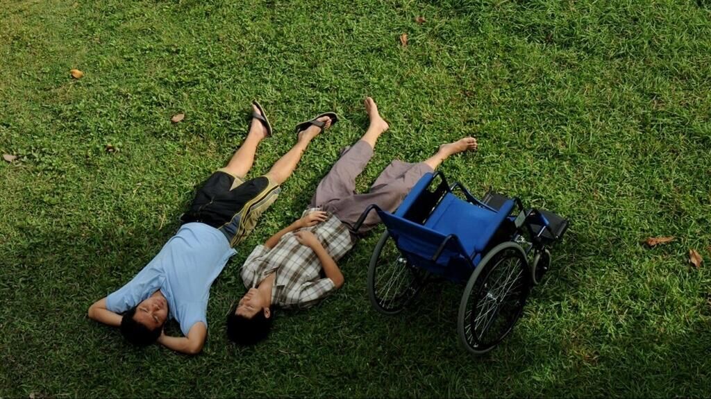 Two men laying in the grass with a blue wheelchair next to them photographed from above.
